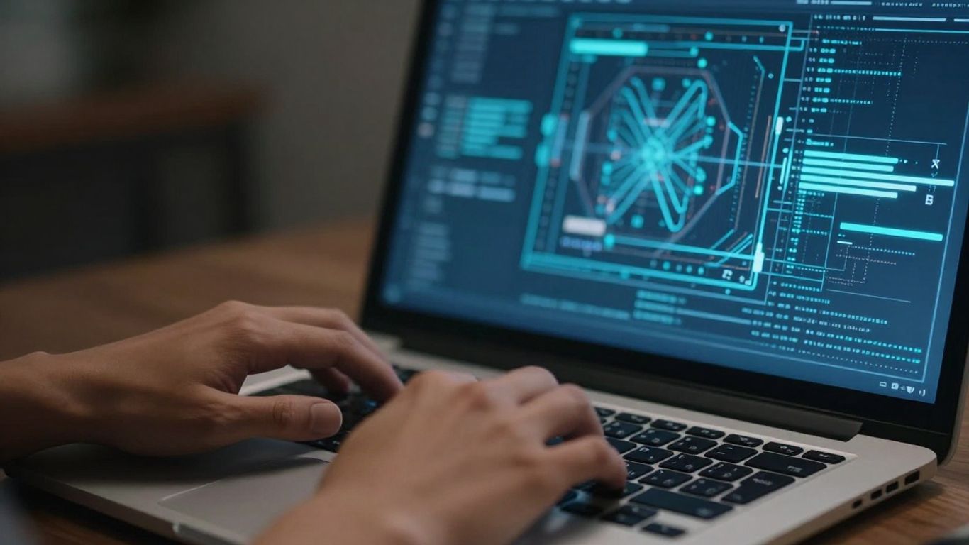 Hands typing on a laptop with digital patterns on screen.