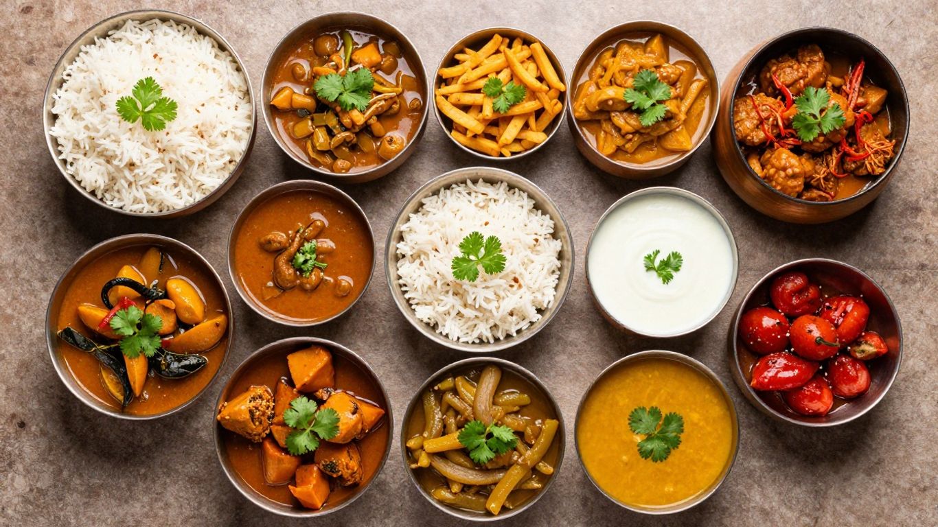 South Indian meal prep with colorful dishes in containers.