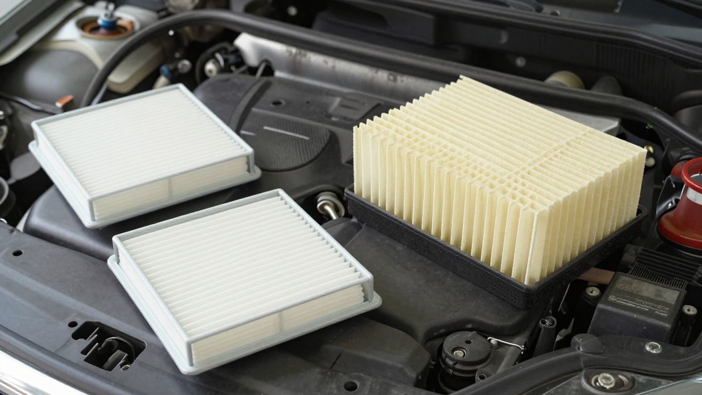 Engine and cabin air filters beside vehicle