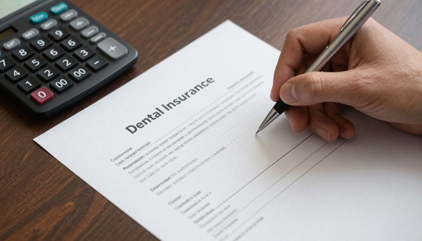 A person reviewing their dental insurance documents with a calculator and a pen
