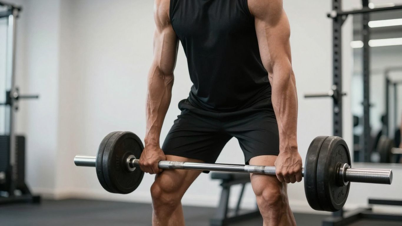Person performing dumbbell deadlift in a gym.