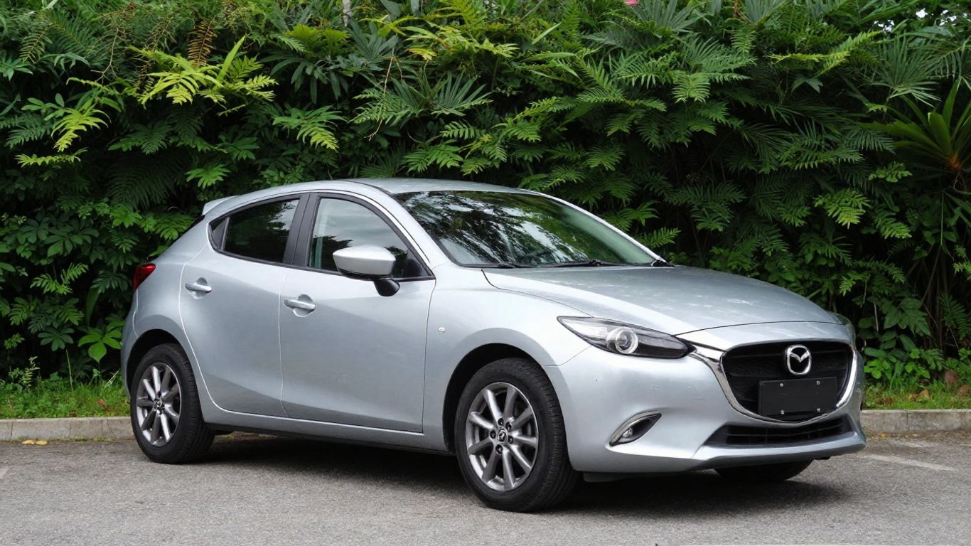 Silver Mazda 2 hatchback parked outdoors on a sunny day.
