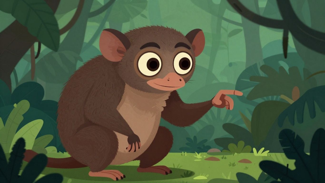 Aye-aye in a jungle setting, illustrative style.