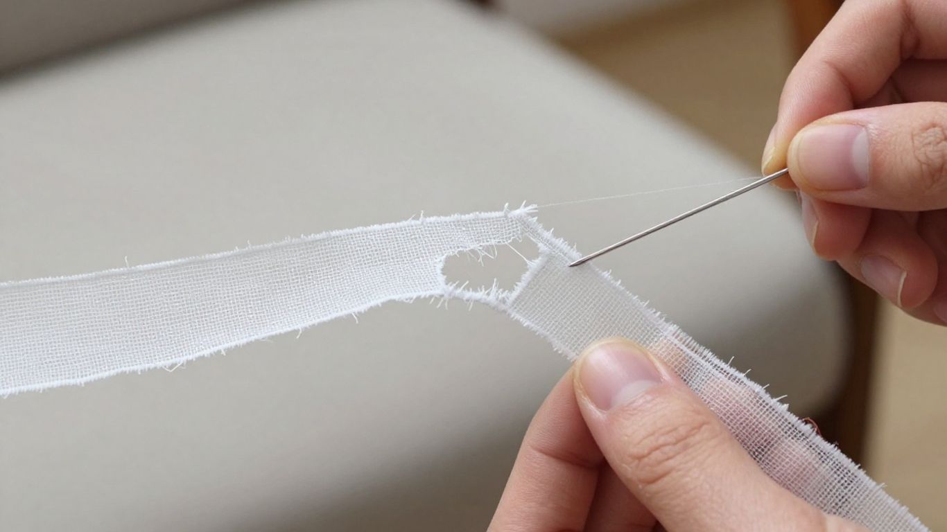 Repairing torn furniture webbing with needle and thread.