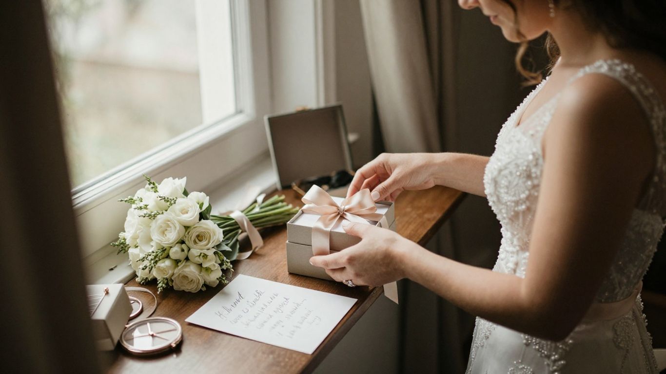 Bride opening a small wedding morning gift