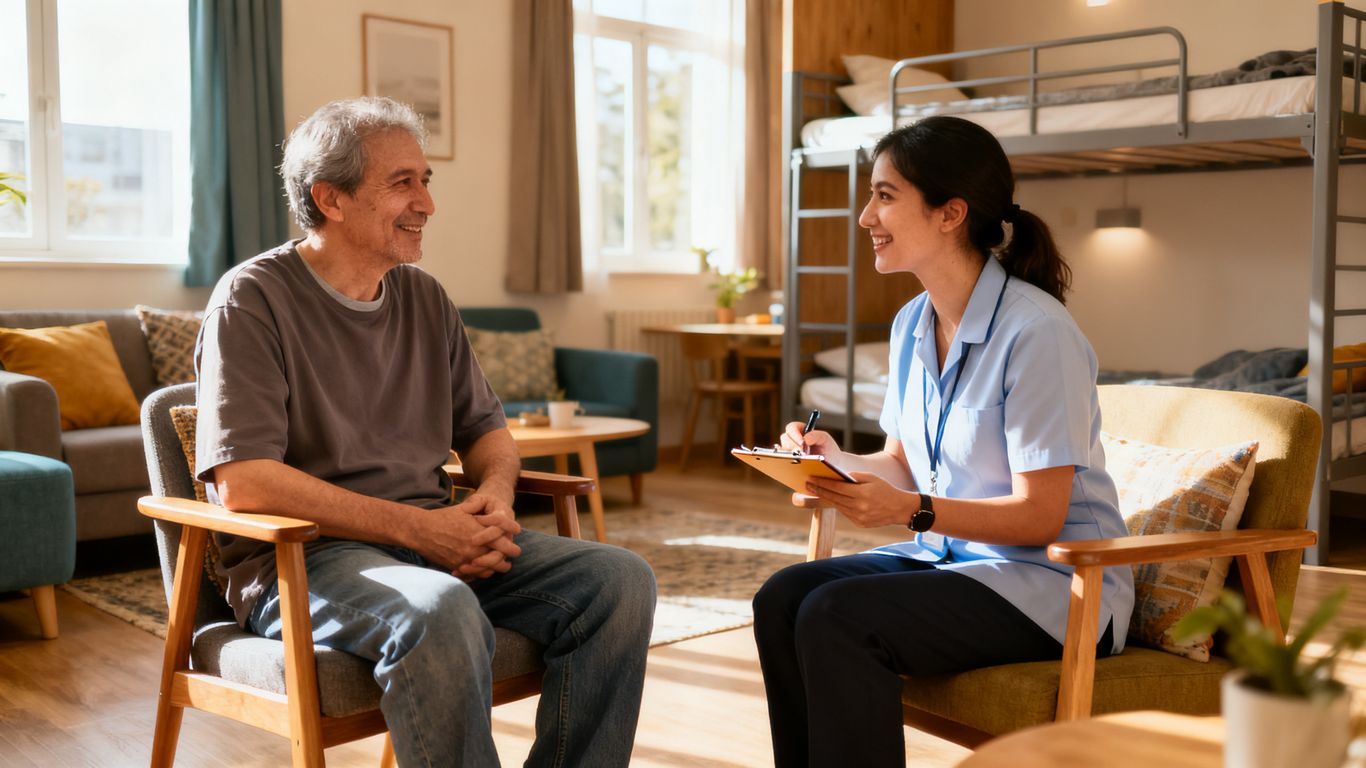Resident speaking to staff in a common room