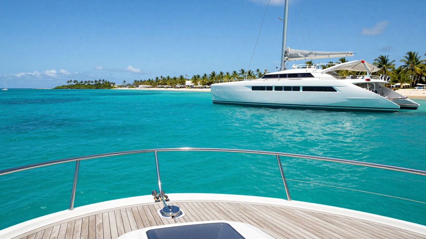 Luxury catamaran sailing on clear blue ocean waters.