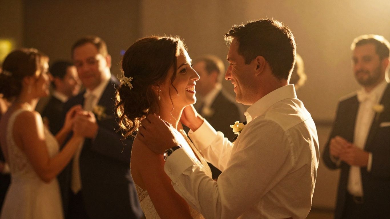 Couple dancing at wedding reception with warm lighting.