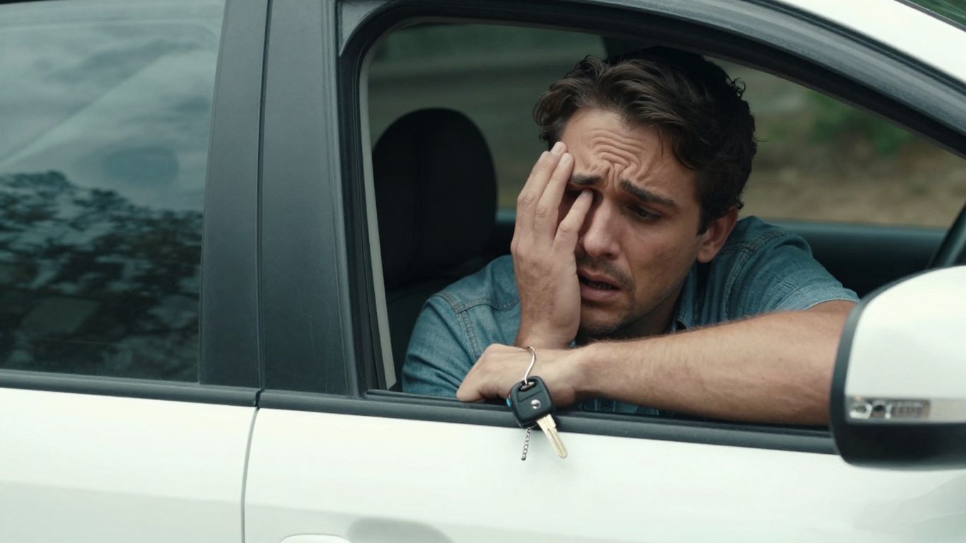 Keys locked inside a car, person looking stressed.