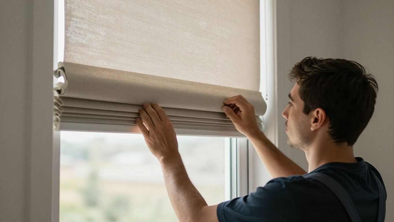 Professional installing custom window blinds in a bright room.