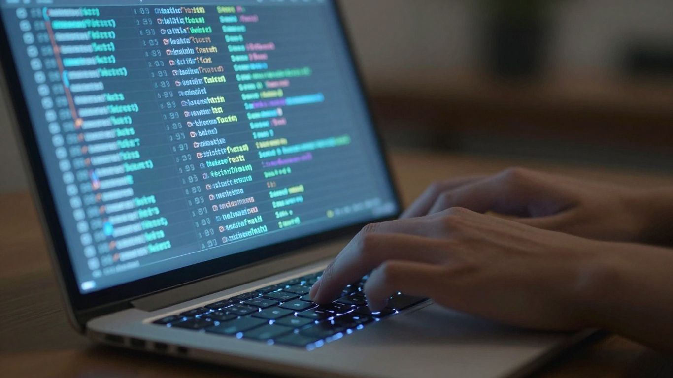 Hands typing on a laptop with digital patterns.