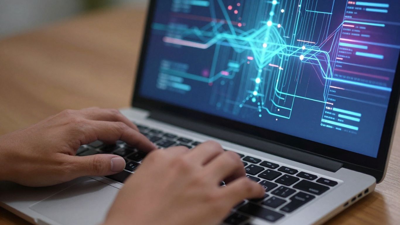 Hands typing on a laptop with digital data visualization.