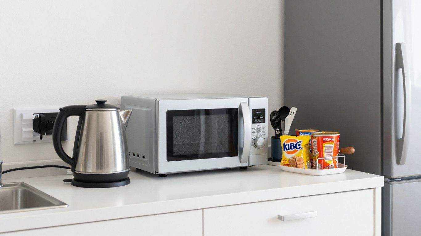 Hotel room cooking setup with kettle, microwave, and mini-fridge.