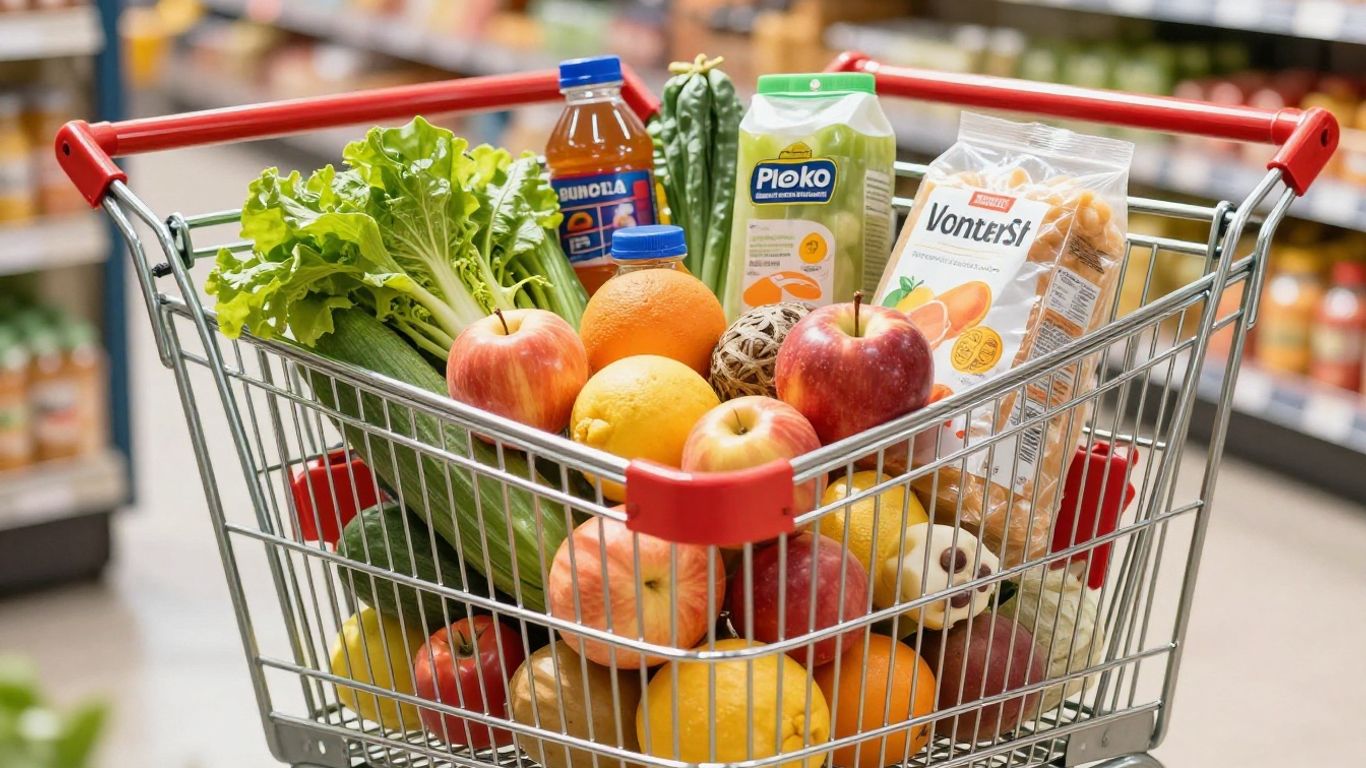 Carrefour-winkelwagen gevuld met boodschappen en besparingen.