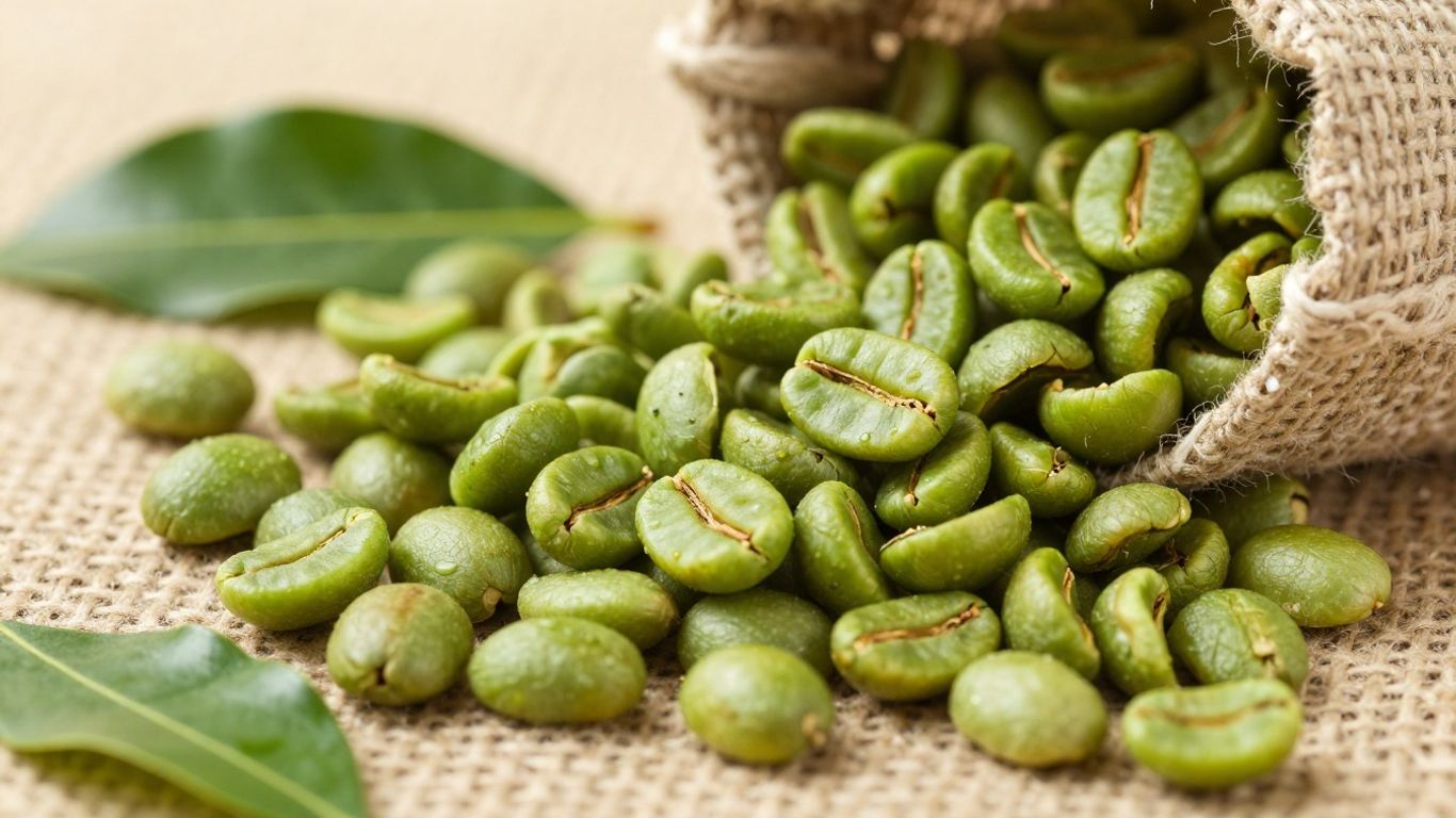 Green coffee beans and leaves