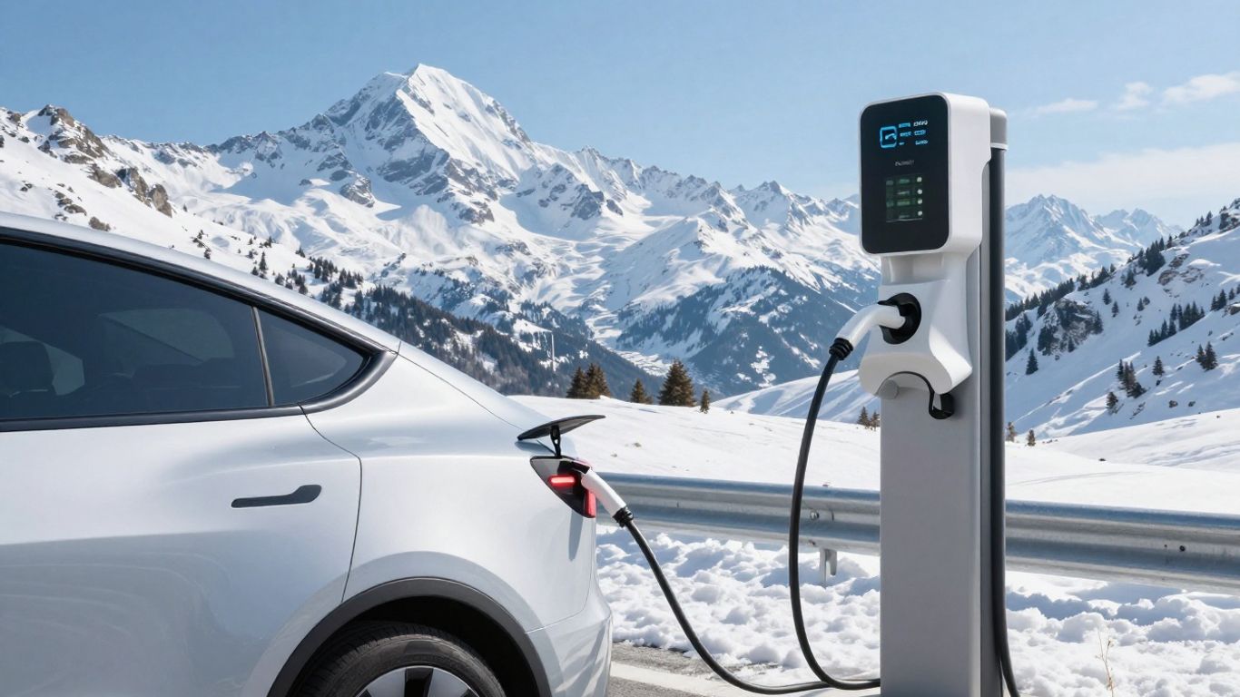 Elektroauto lädt an Ladestation in Schweizer Berglandschaft.