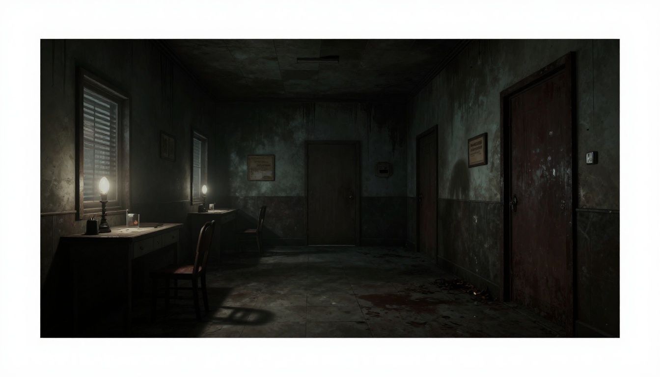Ambiente escuro e inquietante de um jogo de terror psicológico, com um corredor abandonado, luzes fracas e sombras sugerindo uma presença invisível