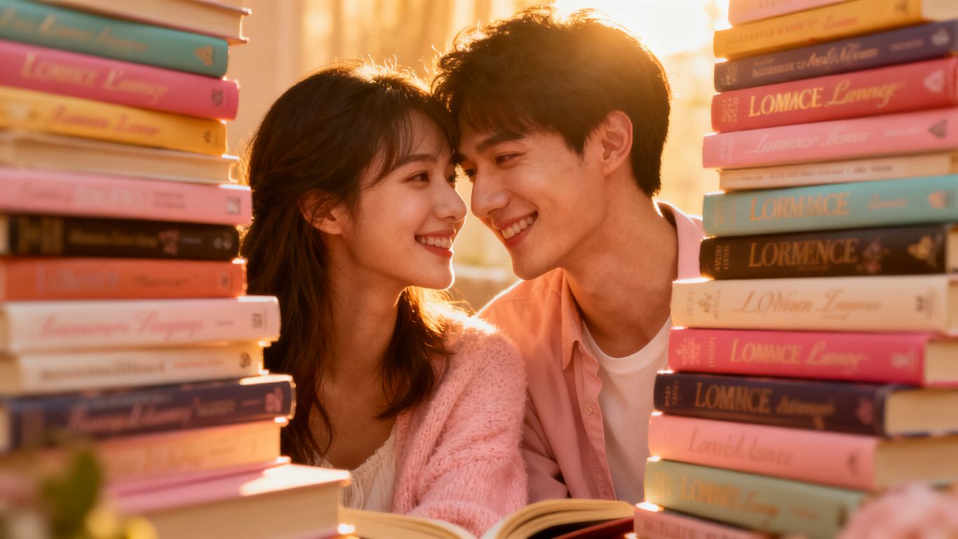 Young couple reading romance books together