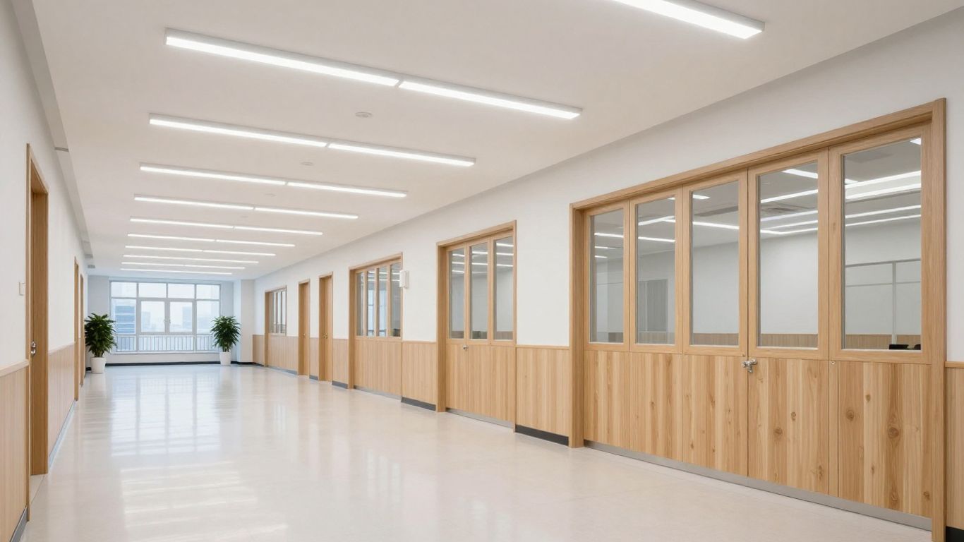 School hallway with new LED lighting upgrade.