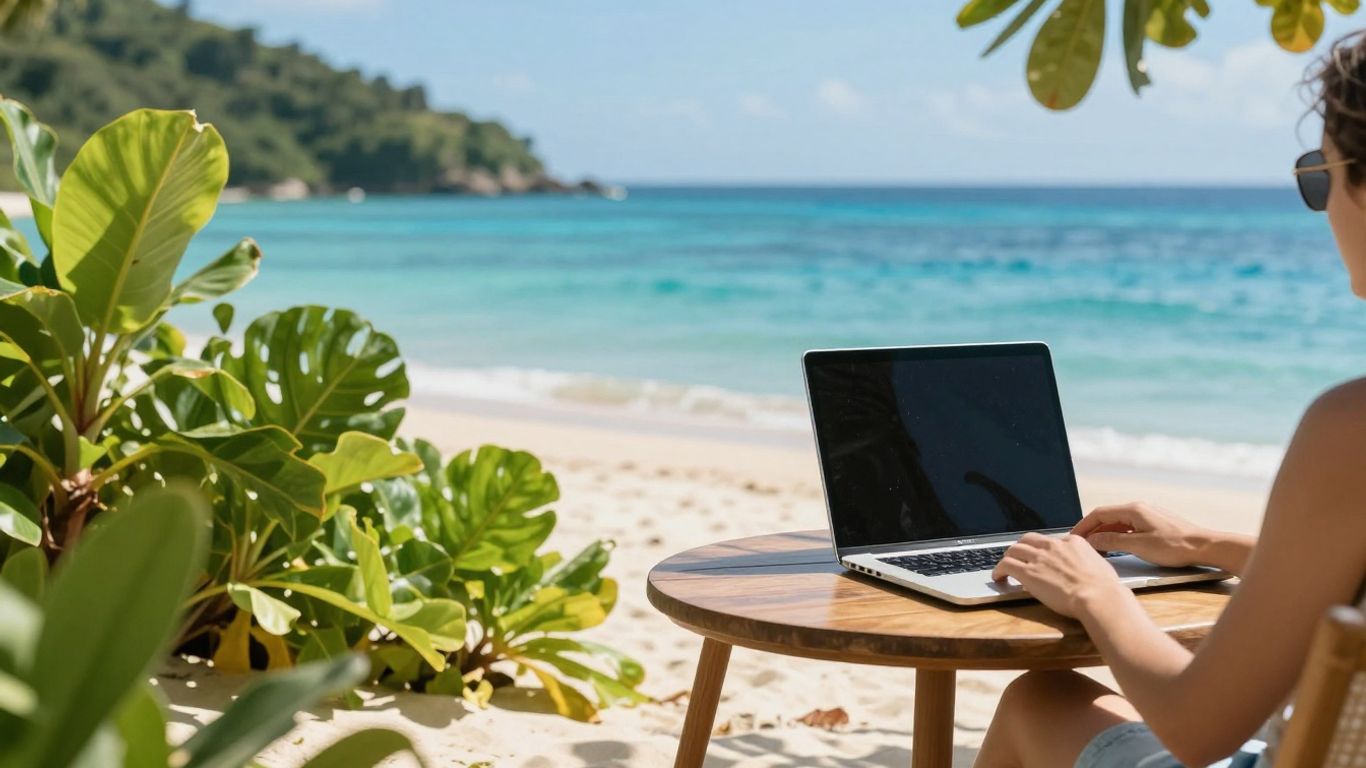 Persona relajada en la playa con laptop, fuentes de ingresos pasivos.