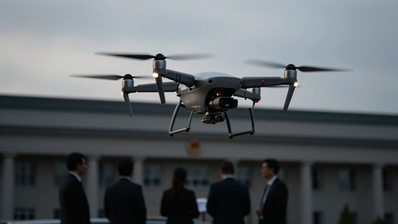 Drone near government building, people in suits.