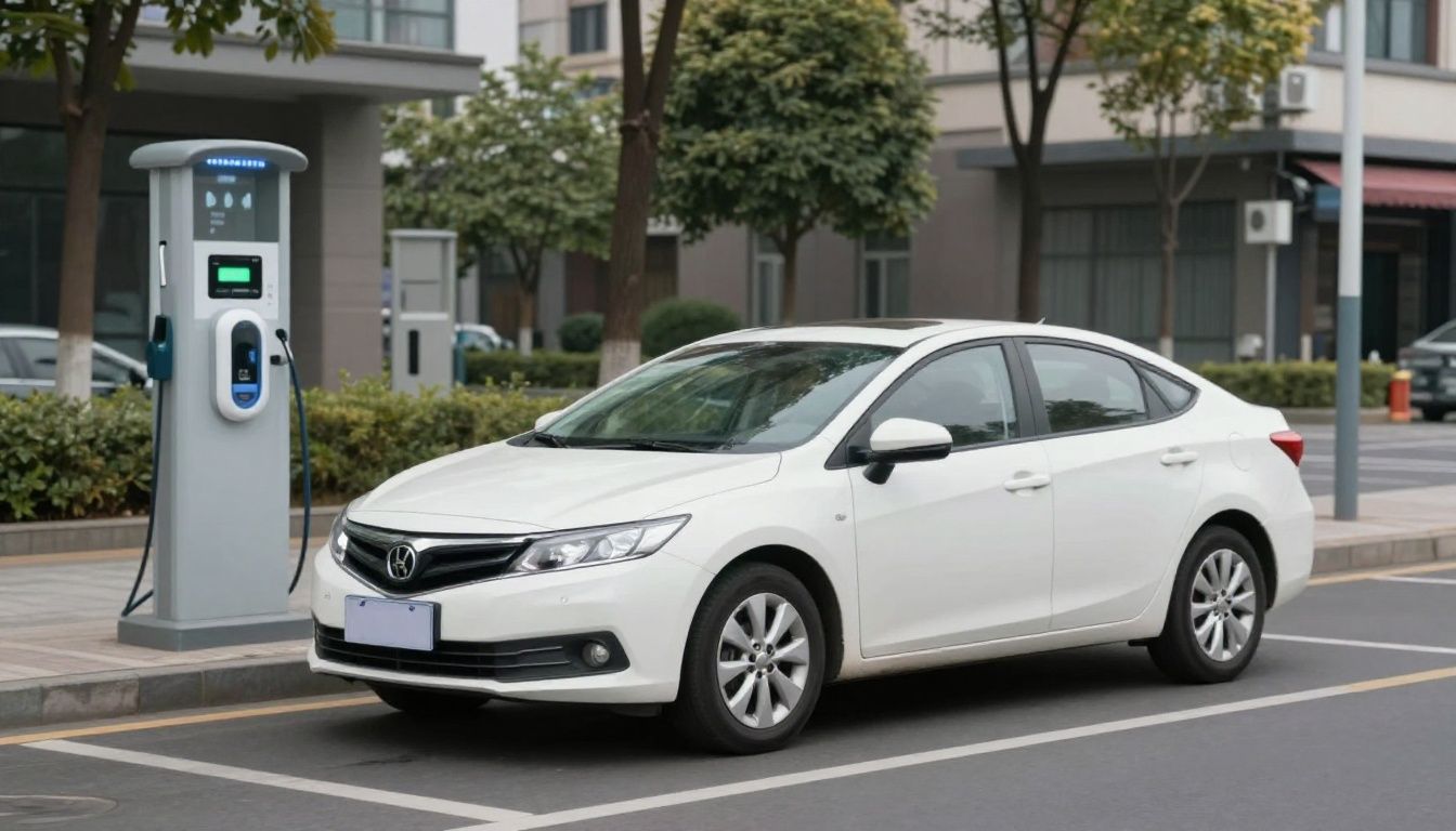 Ein gebrauchtes, modernes Elektroauto steht an einer Ladestation in einer städtischen Umgebung.