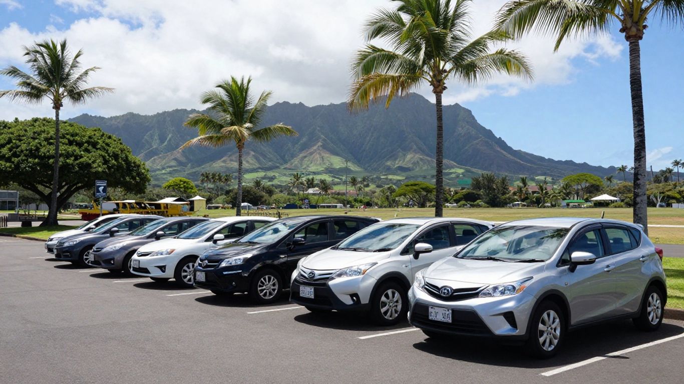 Rental cars parked at Kona Hawaii Airport with palm trees.