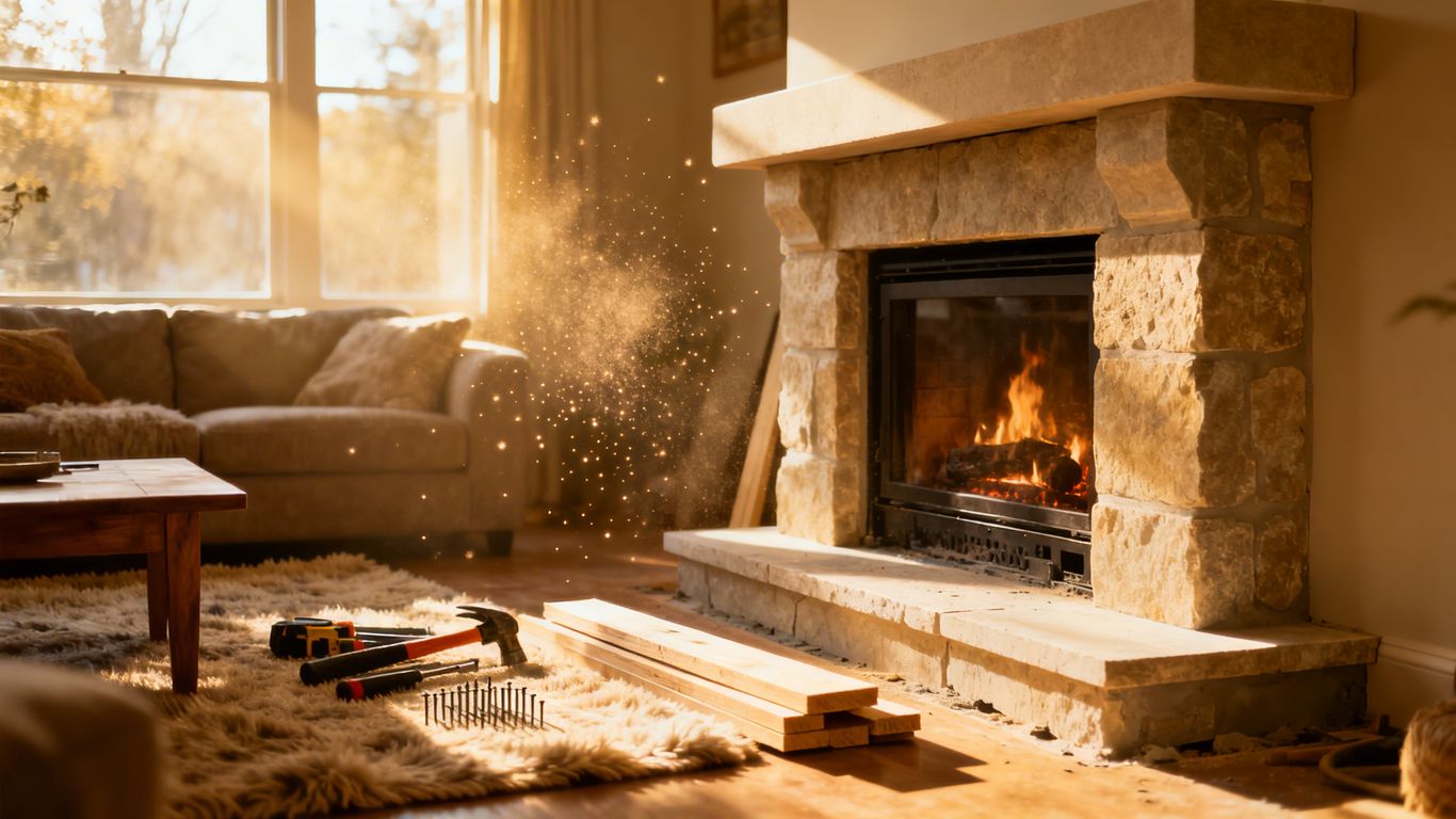 Newly installed fireplace in a living room.