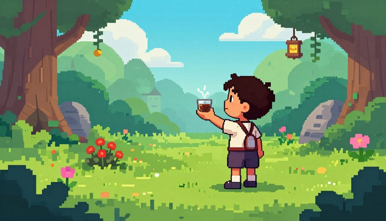 Cena encantadora de um estudante de magia cultivando um jardim em uma escola flutuante ao pôr do sol, estilo pixel art vibrante