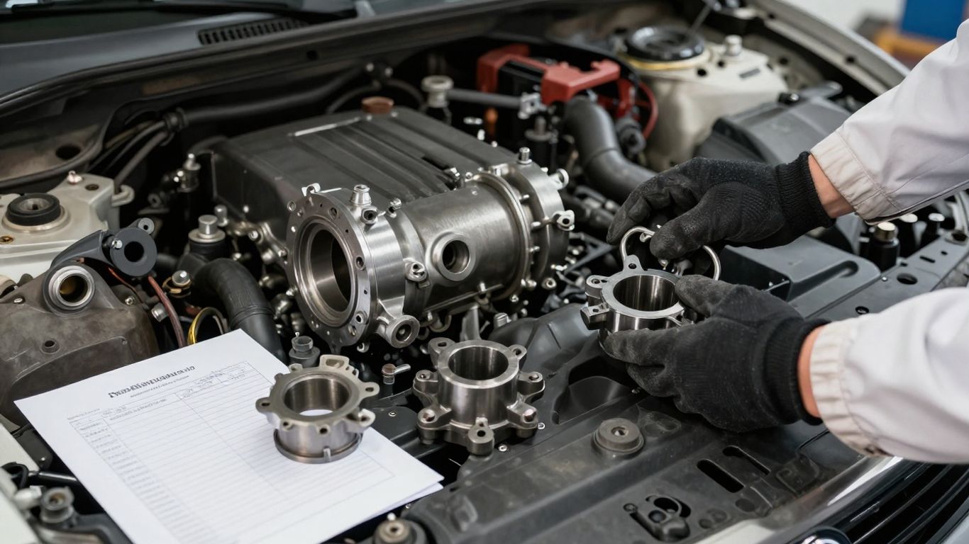 Engine parts and invoices arranged beside a vehicle
