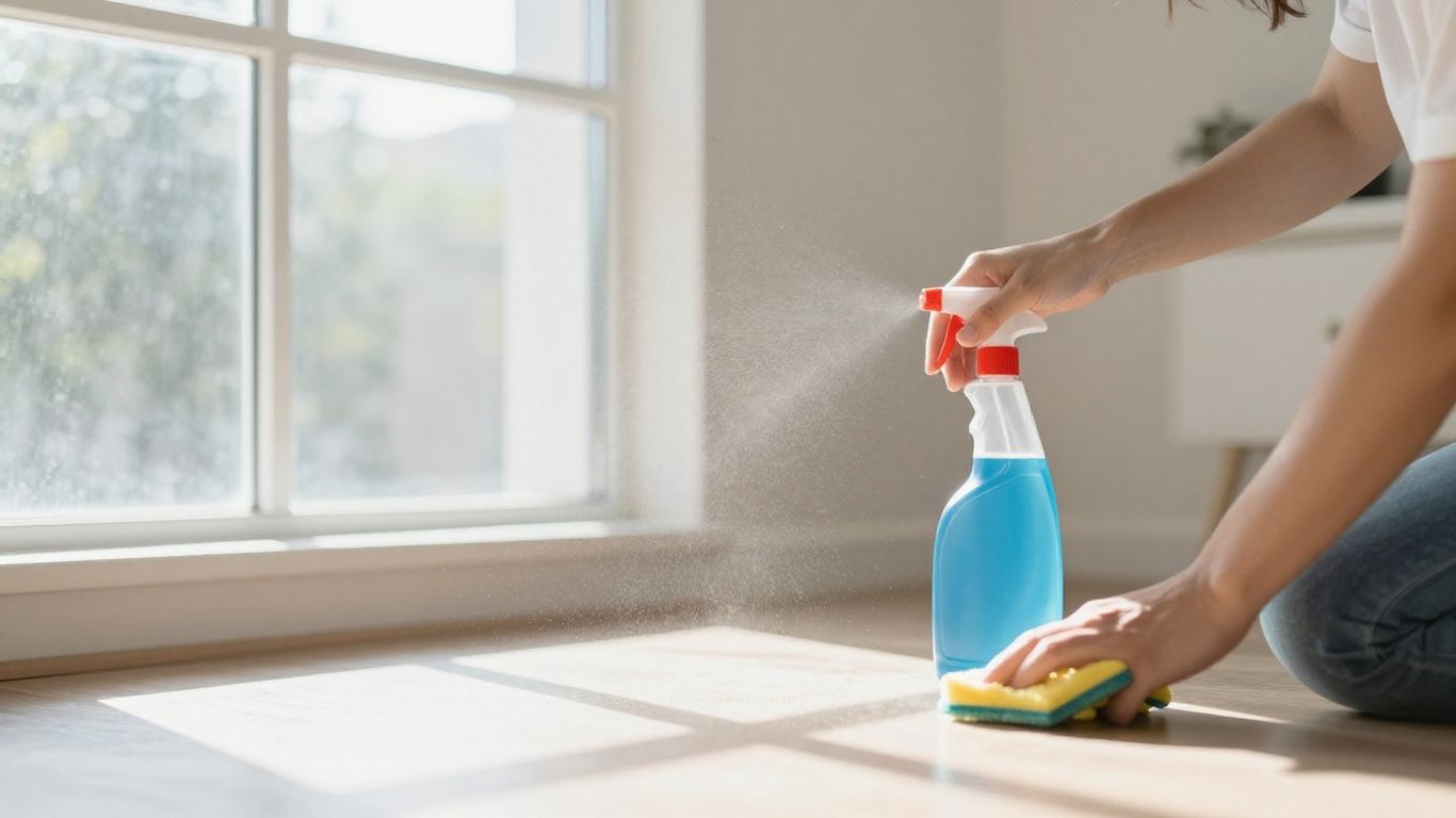 Person deep cleaning a sunlit living room.
