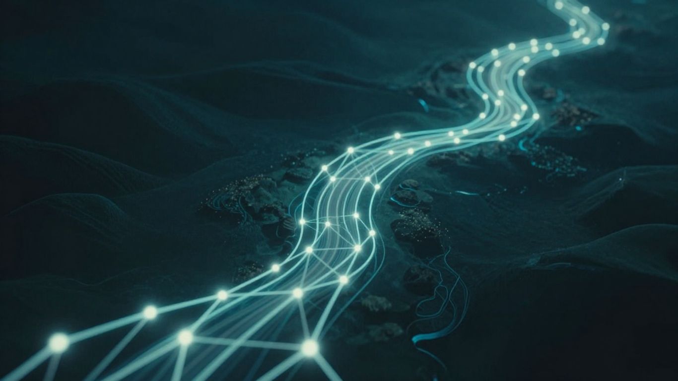 Digital landscape with glowing pathways and interconnected nodes.