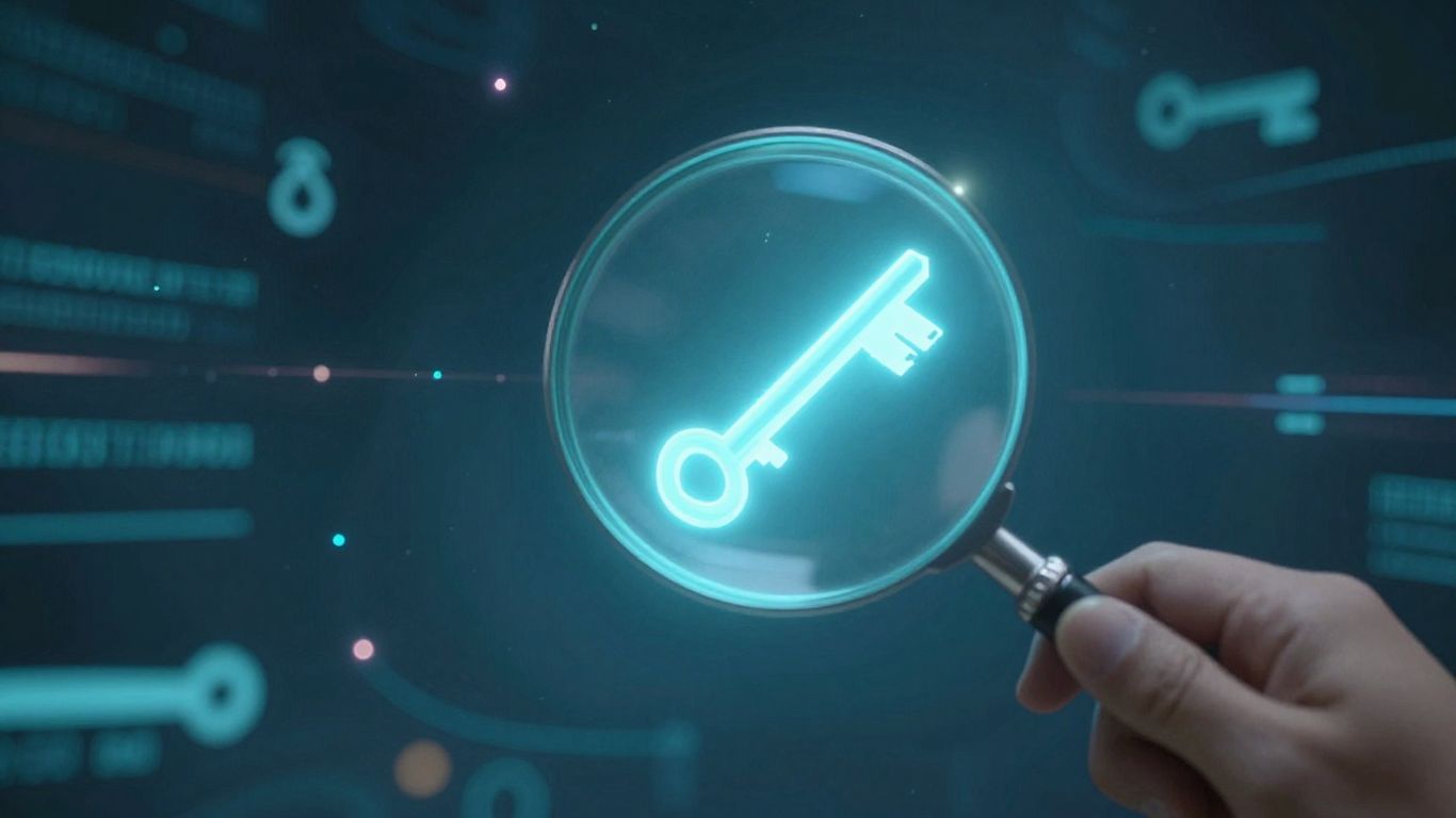 Magnifying glass over a glowing key, digital patterns background.