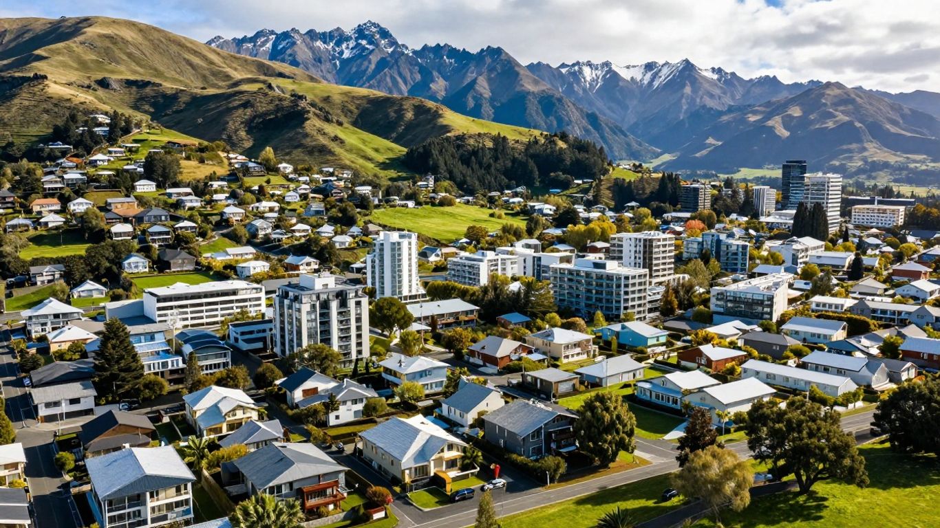 New Zealand cityscape with houses and green hills.
