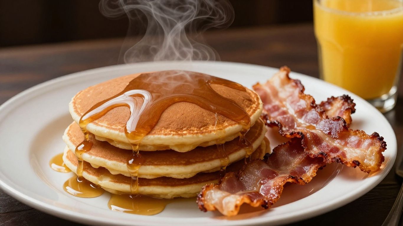 Affordable breakfast plate with pancakes, bacon, and juice.