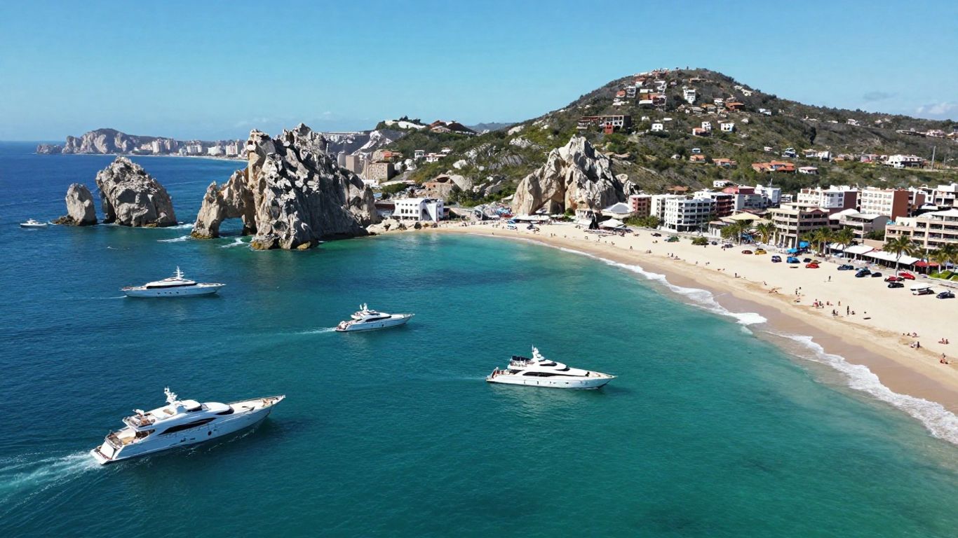 Cabo San Lucas coastline with Arch and yachts.