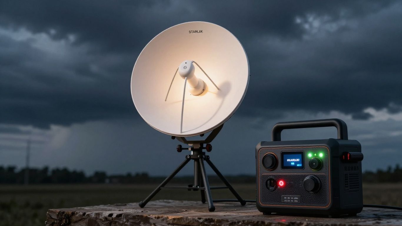 Starlink dish with power backup during a storm.