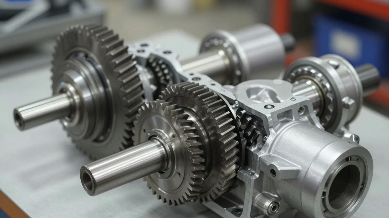 Cutaway gearbox with gears and clutch assembly