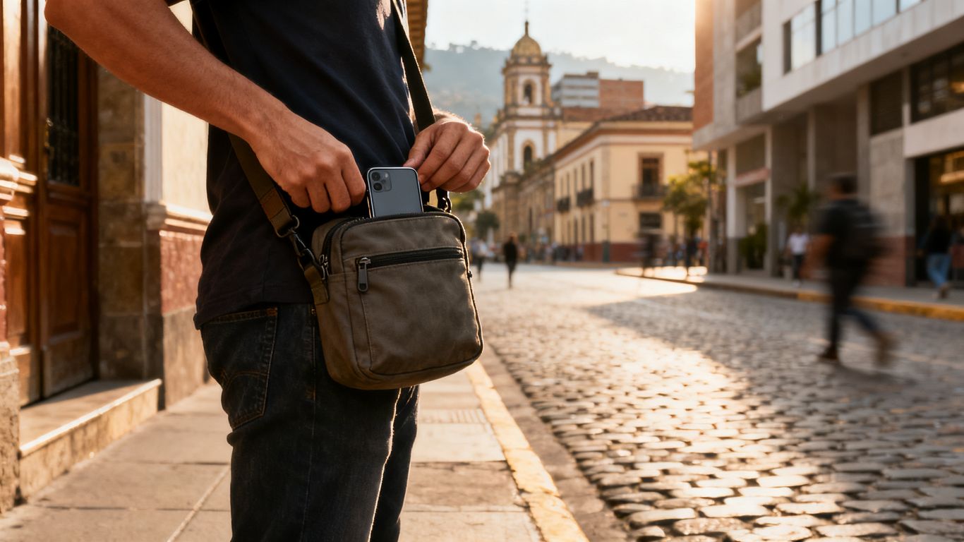 A traveler securing belongings in Medellín