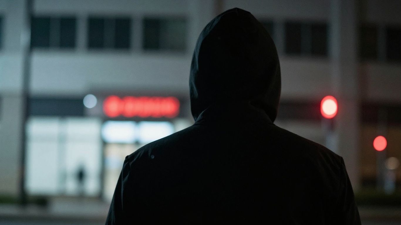 Figura sombría ante edificio corporativo con luces de advertencia.