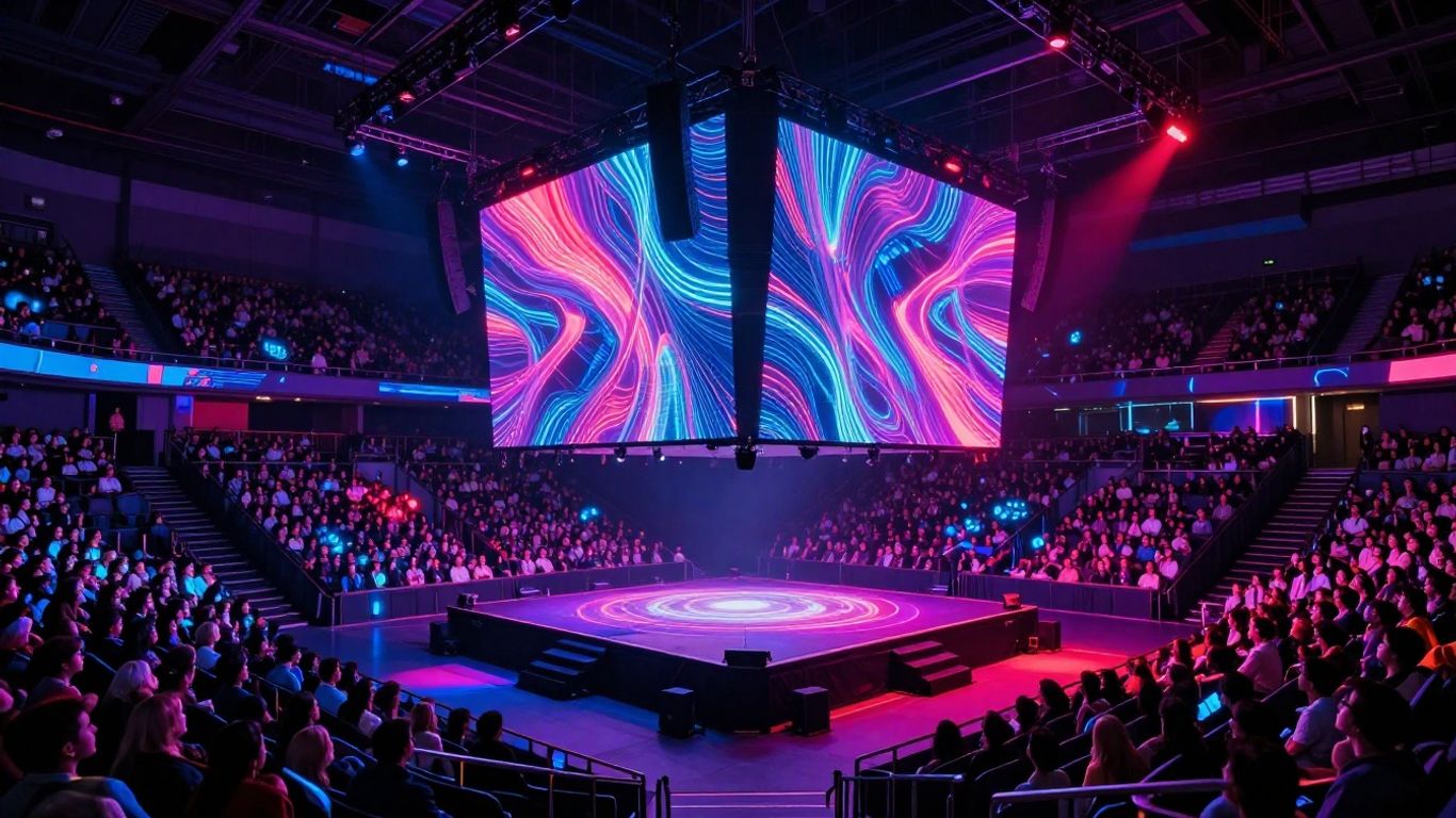 Futuristic arena interior with holographic display and neon lights.