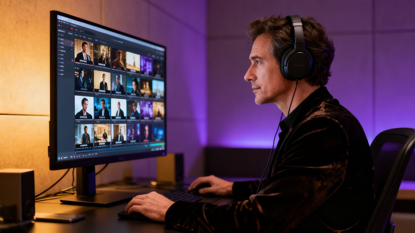 Private video library with adult creator reviewing clips
