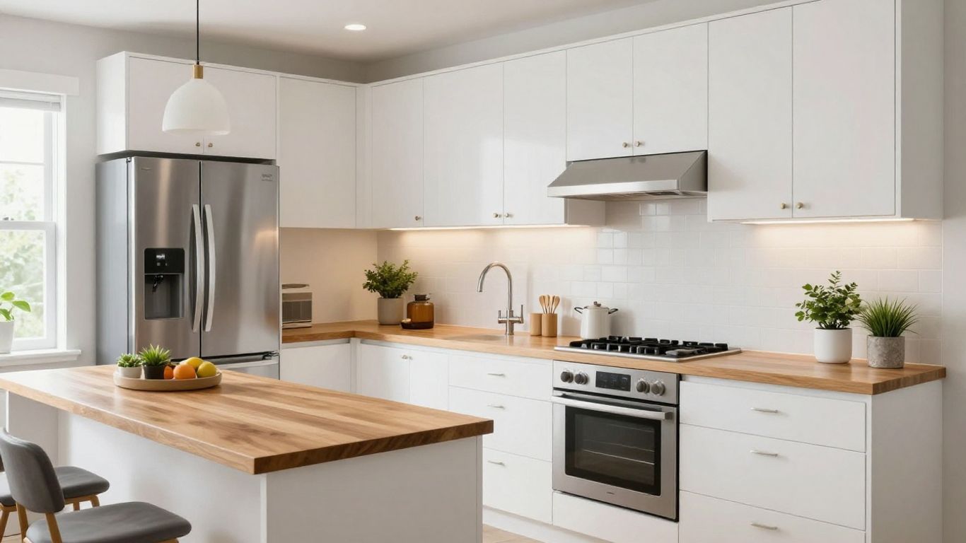 Furnished Airbnb kitchen with modern appliances and decor.