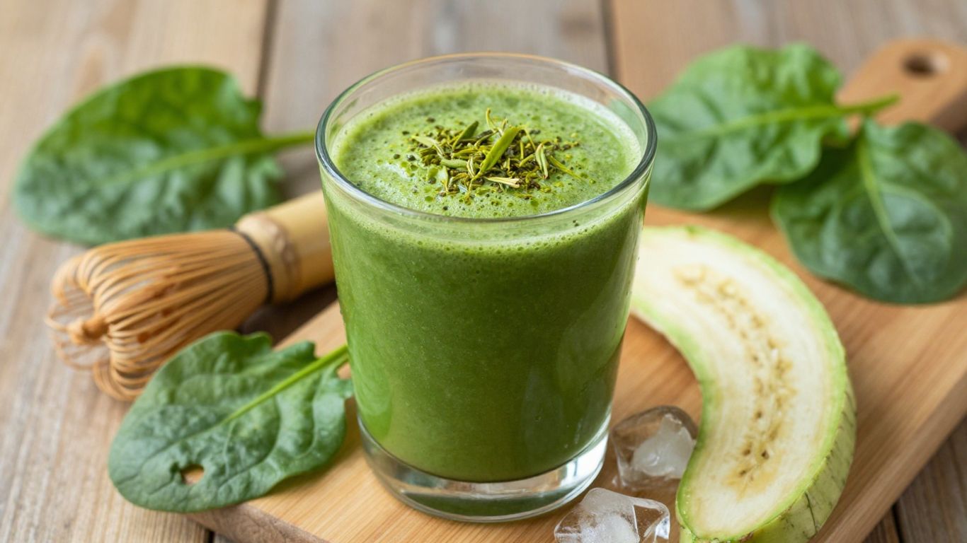 Green matcha smoothie with fresh tea leaves and ice