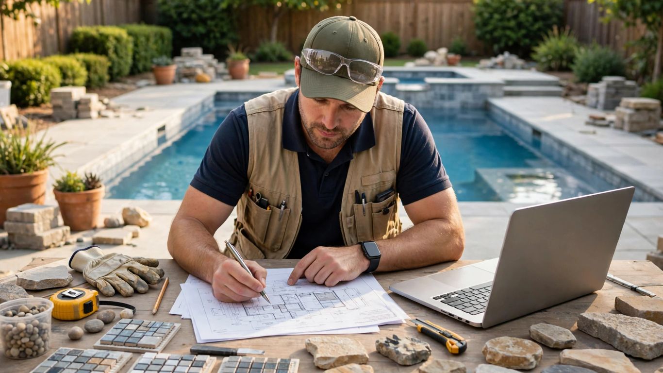 Pool contractor reviewing summer project plans outdoors