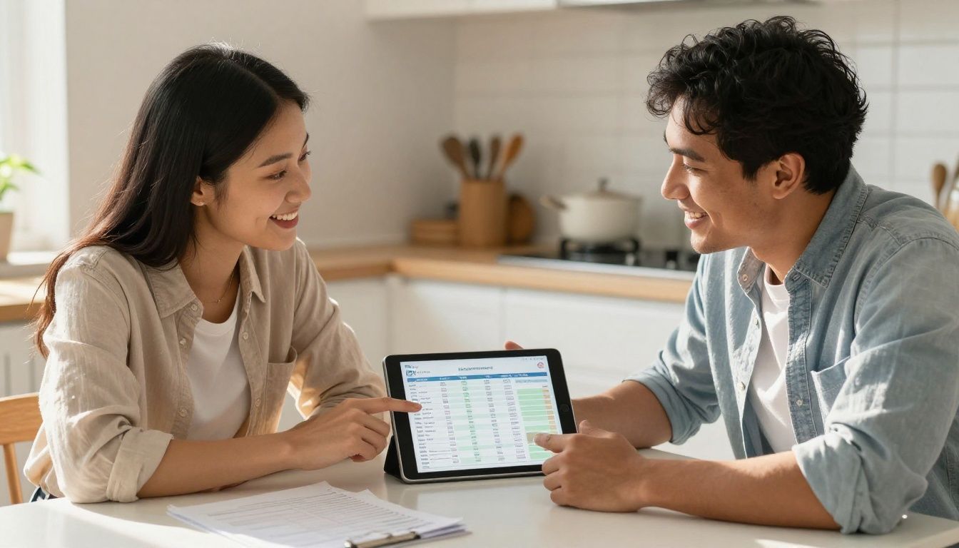 Couple happily managing finances together using a tablet.