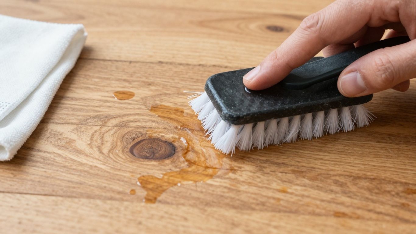 Cleaning water-damaged wood floor with a brush.