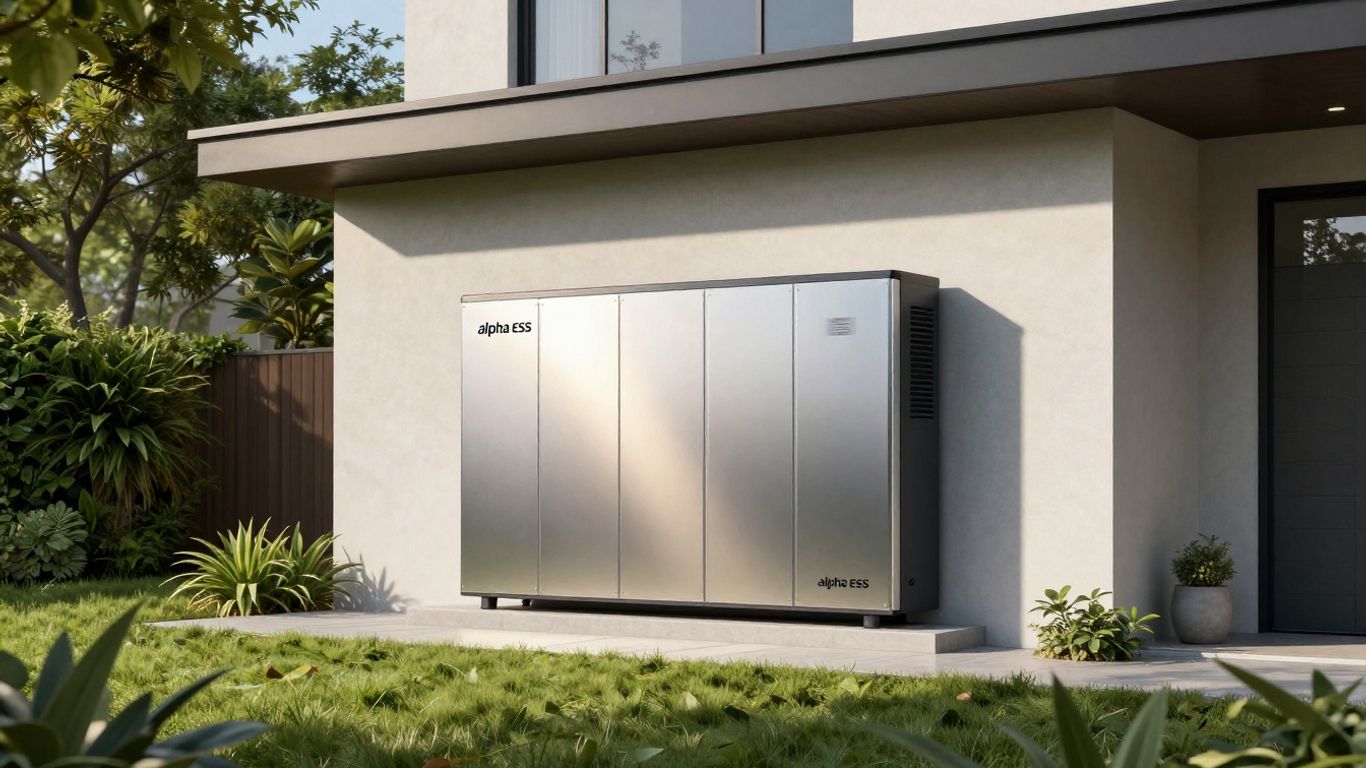 Alpha ESS battery unit on a modern home exterior.