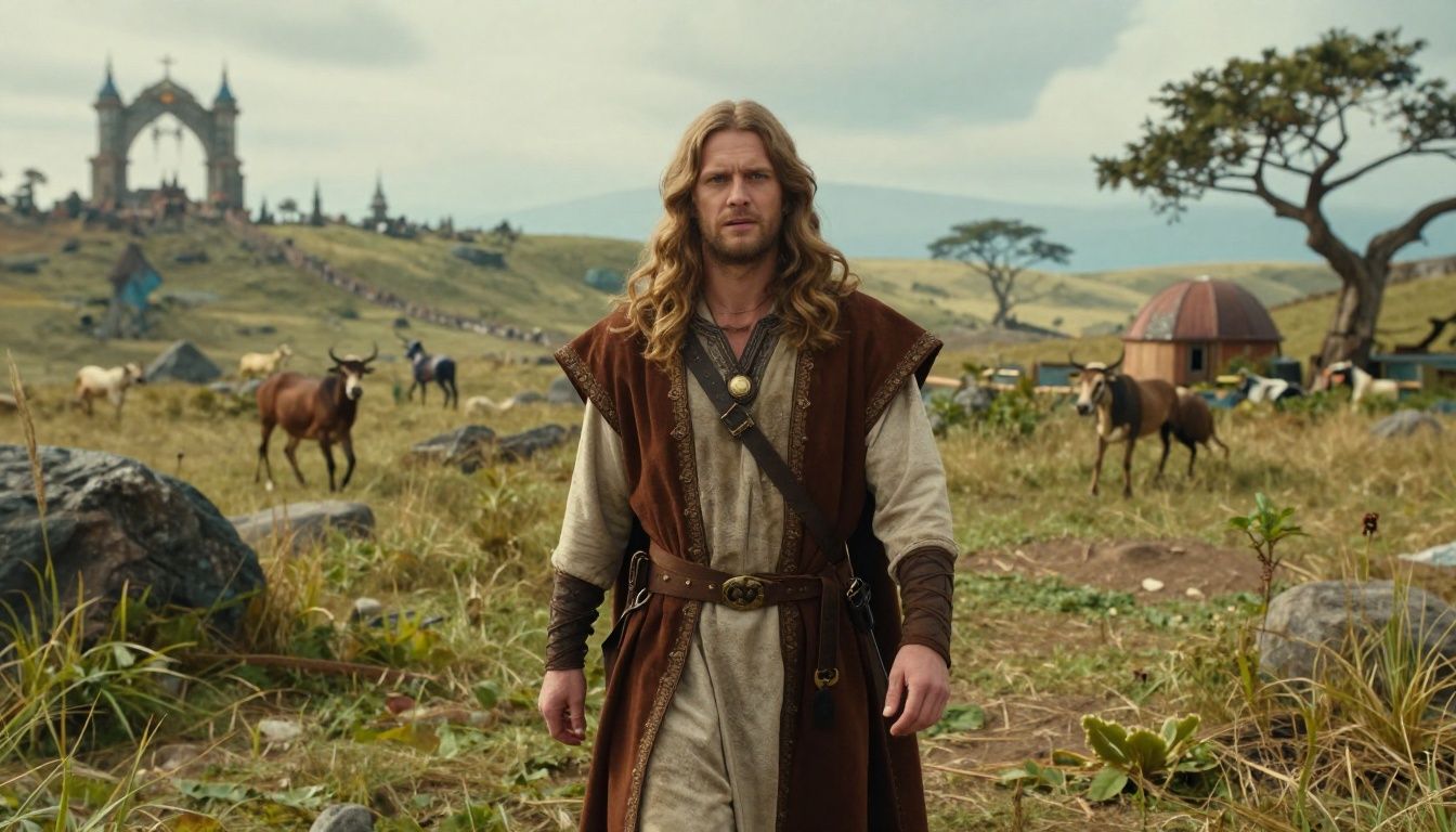 Um protagonista heroico e misterioso encarando um vasto horizonte de fantasia medieval com elementos mágicos vibrantes