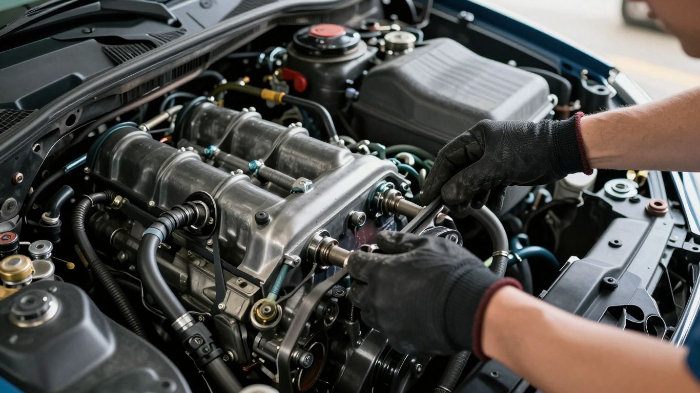 Hydraulic power steering components under a car hood